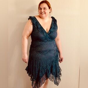 EARTHBOUND Asymmetrical Dress in Deep Blue Lace